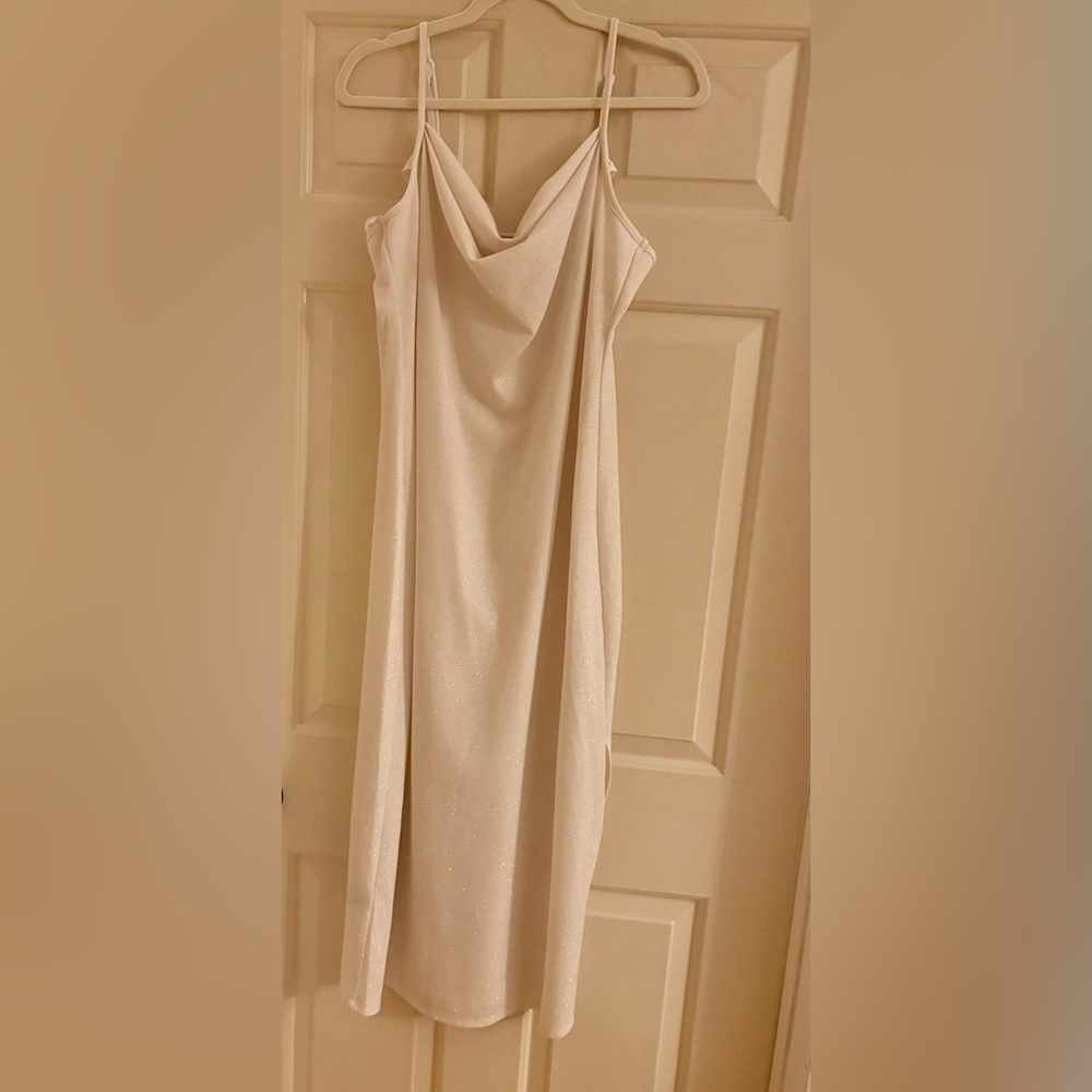 bebe Cream Slip Midi Dress with Cowl Neck